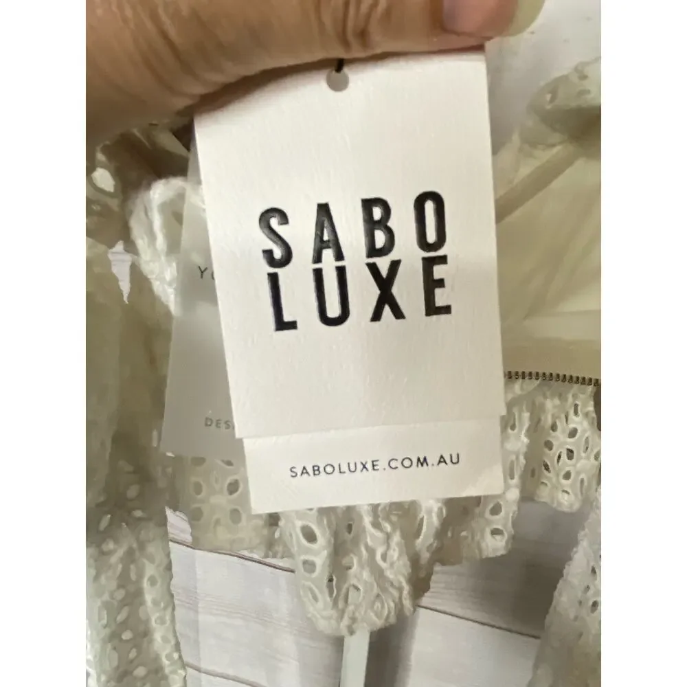 Sabo Luxe Women's Size Small Bell Sleeve Crop Top White Lace Eyelet Zip Up NWT
